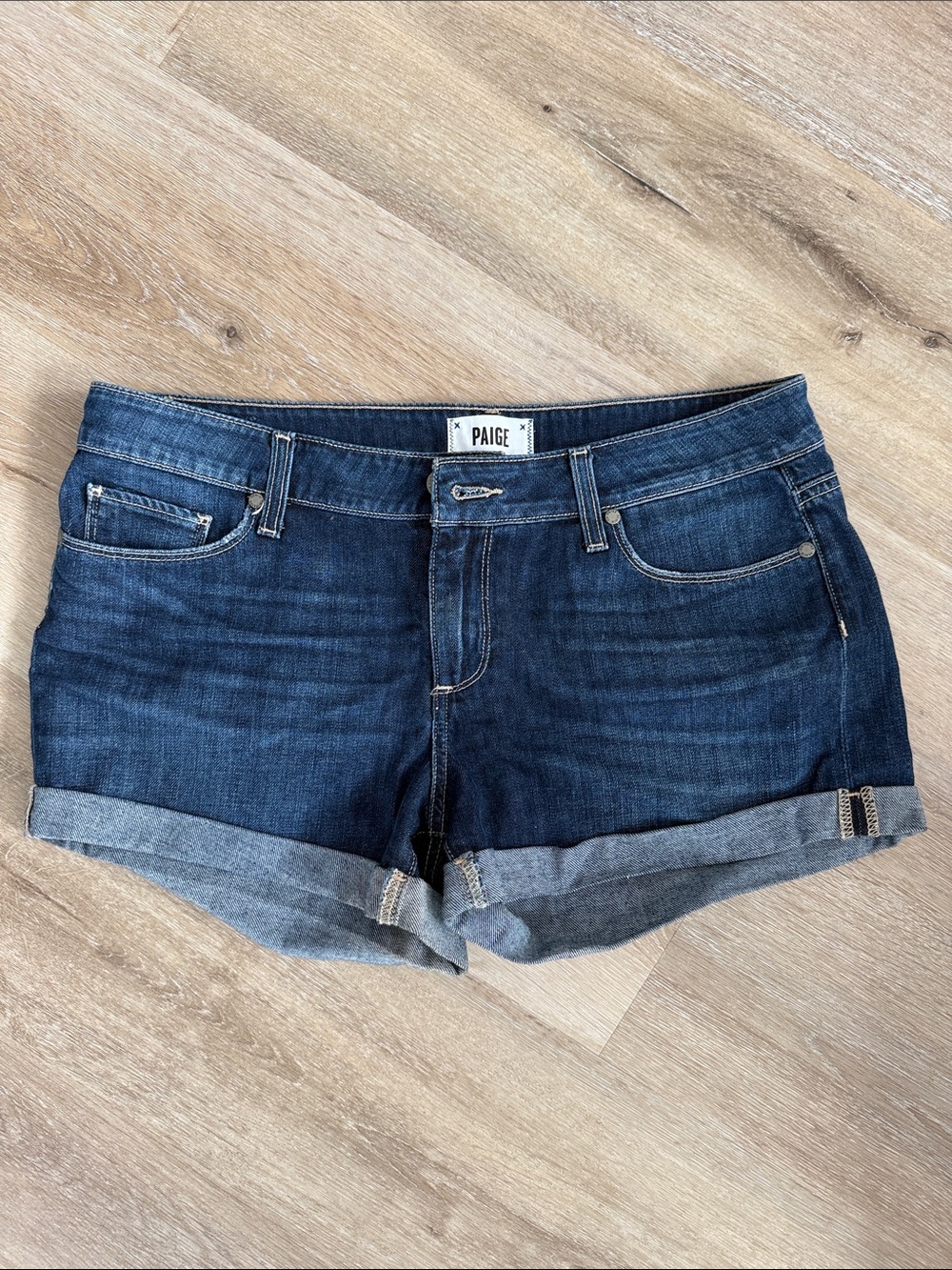 PAIGE Dark Blue Rolled Hem Denim Shorts